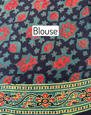 Ajrakh hand block printed modal silk saree | Dark Green | Ships from California